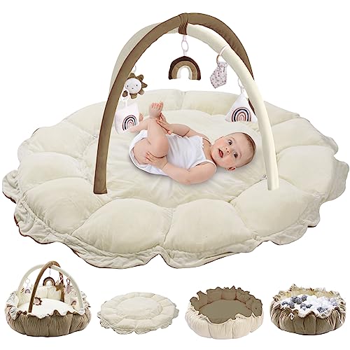 Image of HAN-MM Little Dove 5-in-1 Convertible Baby Play Gym with 6 Toys, Tummy Time Mat for Sensory Development, Baby Activity Center for Newborn & Toddler, Ball Pit, Soft Pet Mat, No Ball Included Brown