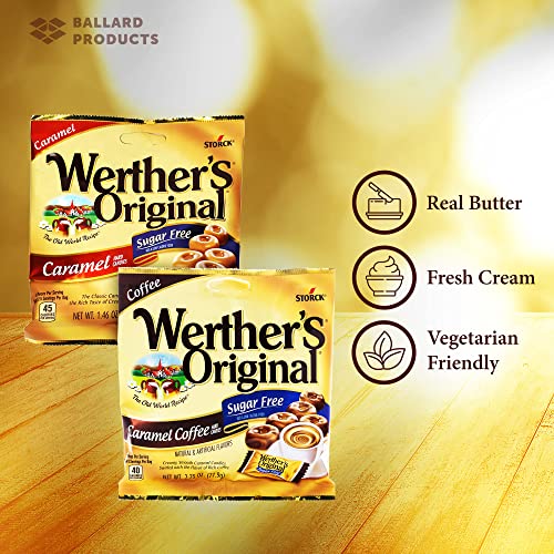 Werthers Sugar Free Hard Candy - 2 Bags Each Flavor | Original Hard Candy And Caramel Coffee Hard Candy | 1.46 Ounce Bags | Bundle With Ballard Products Pocket Bag #TOP1