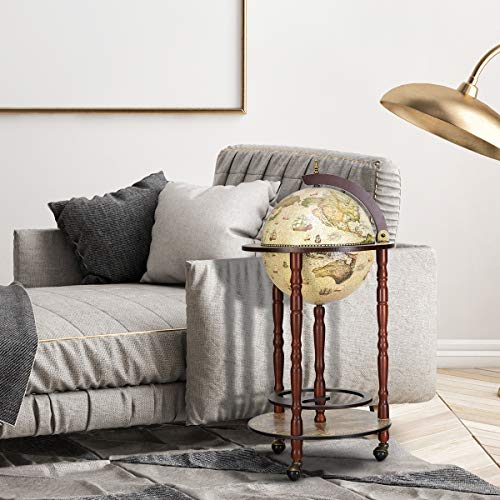 Portabottiglie Mappamondo GOPLUS In Legno Con Ruote - Carrello Bar Vintage 88x70x45cm - Foto 8