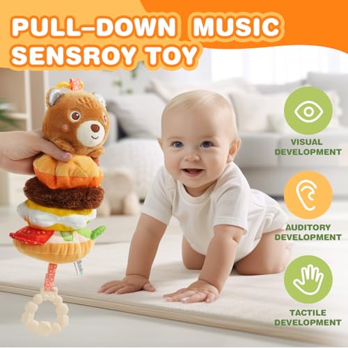 Image of Jollybaby Baby Musical Pull String Hanging Toys for Stroller Car Seat Crib Play Gym, Plush Stuffed Hamburg Bear Toy for Carseat with Music Teether Crinkle, Sensory Toy for 0-6-12-18 Months Baby Gifts