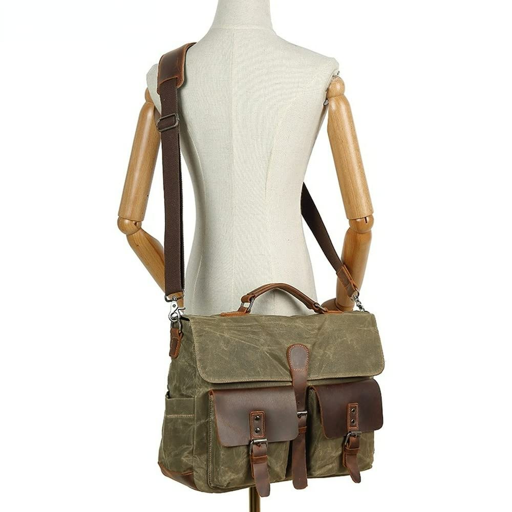 Vintage wasserdichte Wachstuch Canvas Laptop Handtaschen Aktentasche für Arbeit Computer Taschen Outdoor Crossbody Bag, armee-grün, M,