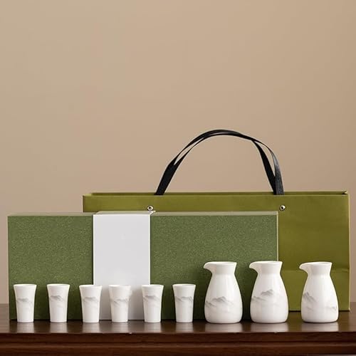 MsiDtsoy 酒器セット 磁器製 白磁の手描き風山水柄 ギフト箱付 お猪口20ml 酒壺115ml 白酒・焼酎・日本酒に 来客・贈答用 (C, 3)