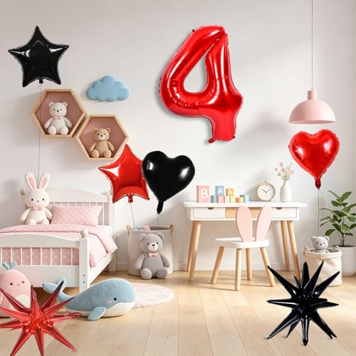 Image of TONIFUL 4th Birthday Balloons Kit 40 Inch Red Large Number 4 Foil Balloon | with 18Inch Helium Mylar Heart Star Balloons for Kids Women Men Birthday Anniversary Graduation New Year Eve Party Decoration