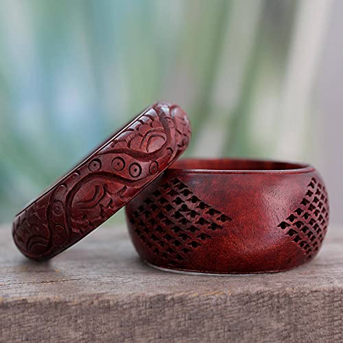 Novica Hand Carved Mango Wood Bangle Bracelets, 8" Inner Circumference, India Romance' (Pair) #TOP2