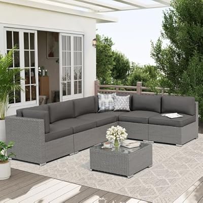 Oakcloud 7-Piece Outdoor Patio Furniture Sofa Set Grey Rattan Wicker Sectional Conversation Sets with Glass Top Table and Cushions(Grey)