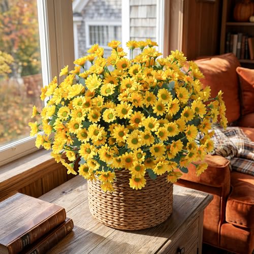Image of HyeFlora Artificial Mums for Outdoors Fall Decor, 6 Bundles Fake Flowers UV Resistant Realistic Faux Flowers Bouquet Silk Flowers for Outside Planter Porch Patio Garden Yard Balcony Home, Yellow
