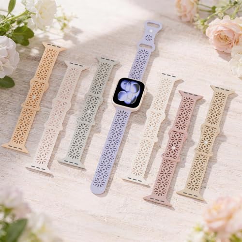 Image of 5 Pack Slim Lace Silicone Compatible for Apple Watch Band 38mm 40mm 41mm 42mm 44mm 45mm 46mm 49mm, Thin Hollow-out Breathable Strap for iWatch Ultra 3 2 1 Series 11 /10 /9 /8 /7 /SE /6 /5 /4 /3 /Women Men
