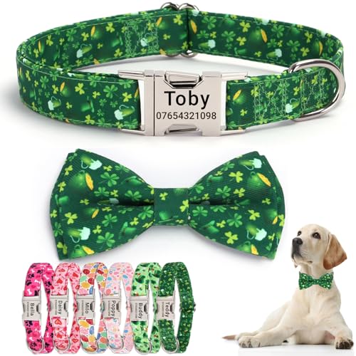 SEOUGEE St. Patrick's Day Dog Collar Personalised with Bowtie, Adjustable Soft Cotton Dog Collars with Custom Engraved Metal Buckle Name Phone Number for Small Dogs (Shamrock Green, XS:Neck 20-30cm)