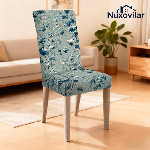 Image of Nuxovilar Blue Flower Light Gray Stretch 23.6x70in 6PCS Chair Covers | Stretch Slipcover Elegant Protector Floral Wrap Seat Guard Dining Room Modern Living Peaceful Space (Blue Floral)