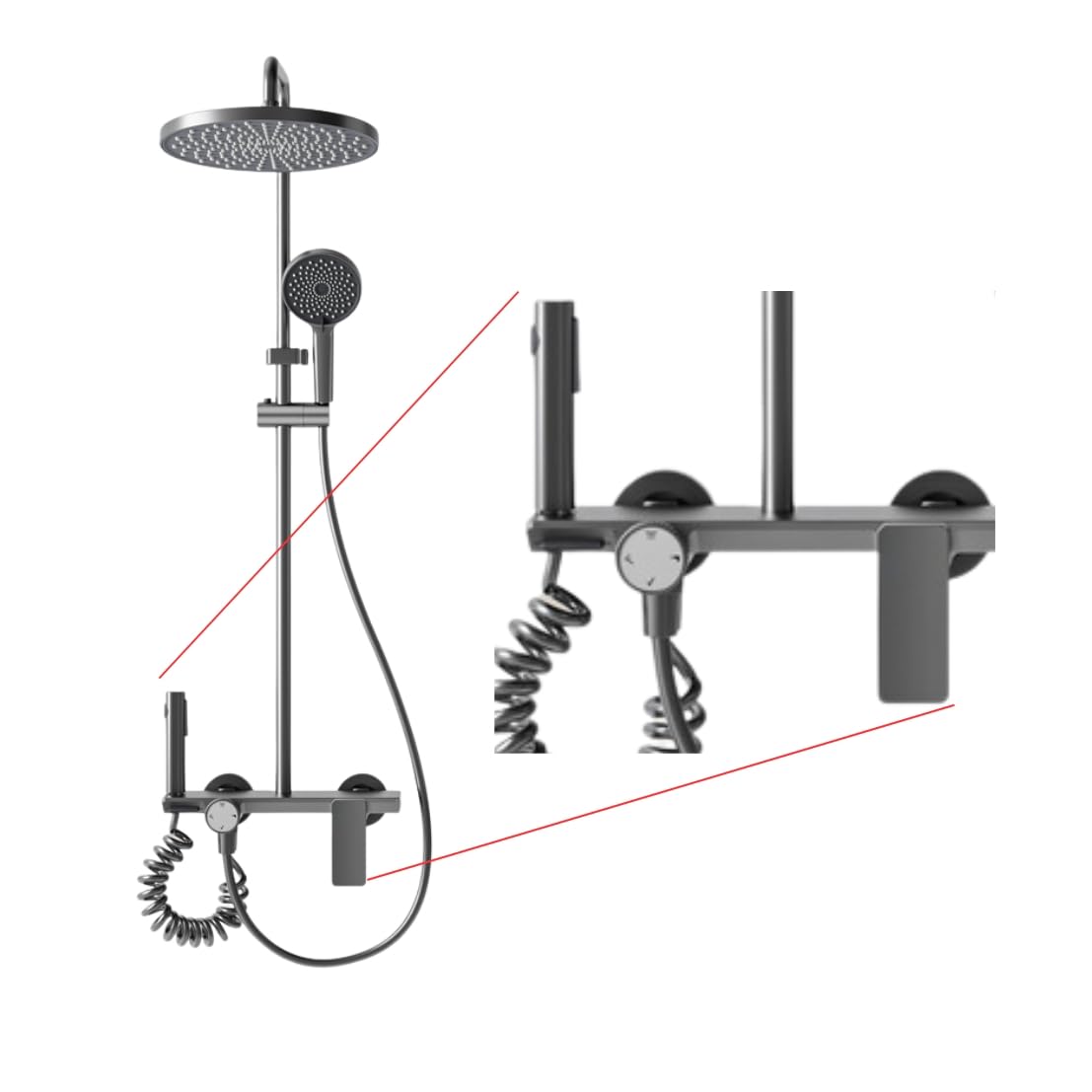 INEX EUROPA - STELO Columna de baño ducha con Cabezal redondo, Negro Gris Titaneo con 3 años de garantia, 4 Modos de operaciones Ducha de mano, cabezal redondo, chorro concentrado y grifo para bañera