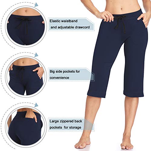 Hiskywin 17" Inseam Women's Straight Leg Yoga Capri Workout Pants With Side & Zip Pockets F21-Dark Blue-S #TOP5
