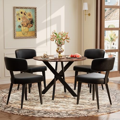 Image of Wood Dining Table Set for 4, 36 inch Round Kitchen Table with 4 Faux Leather Dining Chairs, MDF Tabletop with Metal Legs, Ergonomic Dining Chair with Metal Legs(Woodgrain Table with Black Chairs)