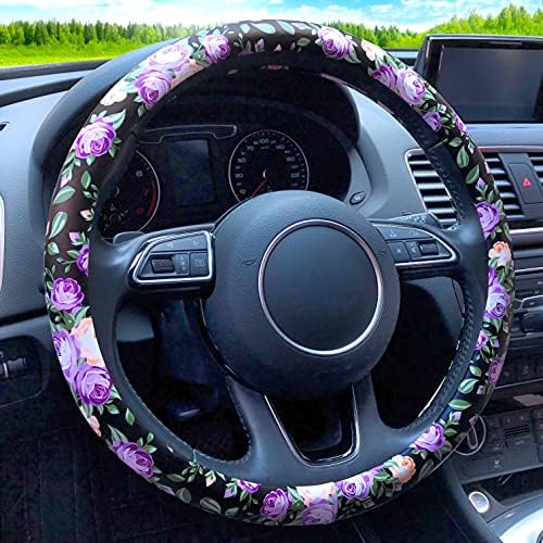 Binsheo Leather Floral Car Automotive Steering Wheel Cover, for Women Girls Ladies, Anti Slip Universal 15, Balck with Purple Flowers