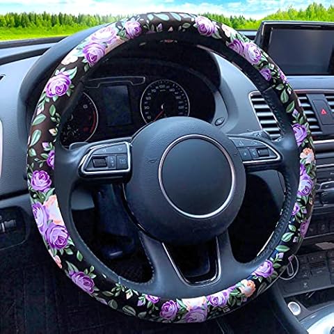 Binsheo Leather Floral Car Automotive Steering Wheel Cover, for Women Girls Ladies, Anti Slip Universal 15, Balck with Purple Flowers Cover