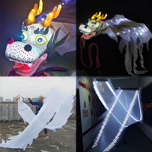 TFG - Ttfd White Dragon Glow Ribbon, Outdoor Sports Fitness Dragon Dance Flag with Header Flashing Glow Silk Dragon Ribbon(10 m (33 ft))