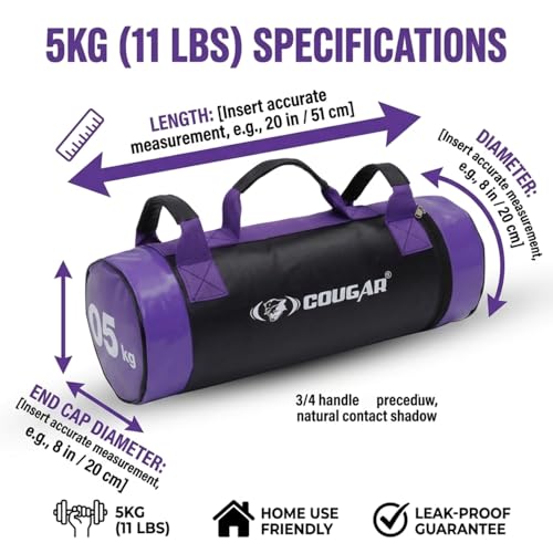 Image of COUGAR 5kg Strength Bag for Core Workout - Heavy Duty Vinyl Weighted Power Bag with Reinforced Nylon Handles - High Density Filled Fitness Sandbag for Crossfit, Squats & Strength Training