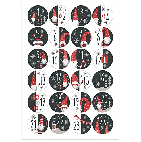 dv_990 Lot de 24 autocollants numérotés pour calendrier de l'Avent Motif lutin de Noël I Ø 4 cm I Autocollants DIY I Autocollants de Noël pour enfants I