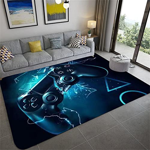 Gamer Tapis pour Chambres à Coucher Adolescent Garçon Fille Enfants Hommes Jeux Vidéo 3D Gamepad Gaming Tapis de Lit Chambre Salon Décorations Tapis Antidérapants Lavables (Bleu,160 x 200 cm) Cover