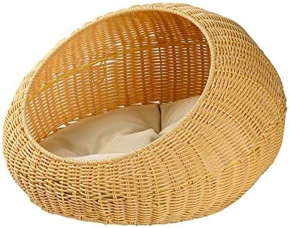 Hand Made Rattan Round Bed with Soft Cushion for Cats or Small Dogs, Wicker Basket Pet House