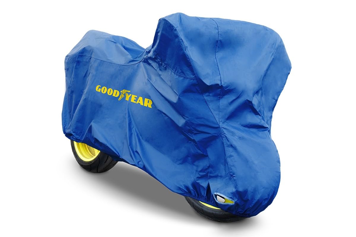 Goodyear Heavy-duty motorcycle cover for indoor/outdoor storage with padlock hole, XX-Large size. Measurements: 294 x 105 x 127cm