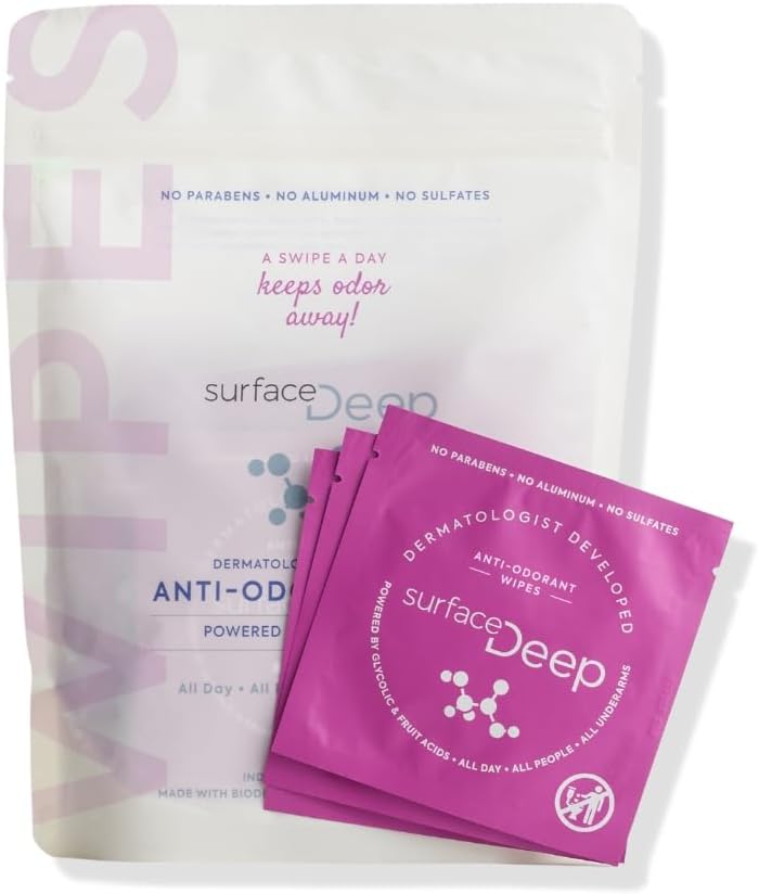 Surface Deep Deodorant Wipes, Dermatologist Developed & Patented, Body Wipes, Natural Deodorant, Travel Friendly Deodorant for Women/Men, Perfect Travel Deodorant Women/Men, Individually Wrapped, 30PK