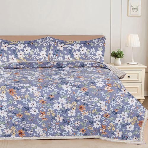 Image of Amazon Brand - Umi 100% Cotton Quilted /Ultrasonic 280 Tc Printed King Size Soft Bed Cover /Bedsheet /Bedspread Comforter with 2 Pillow Shams /Cover, (Luxurious, 90 x100 inches, Blue & White & Orange)