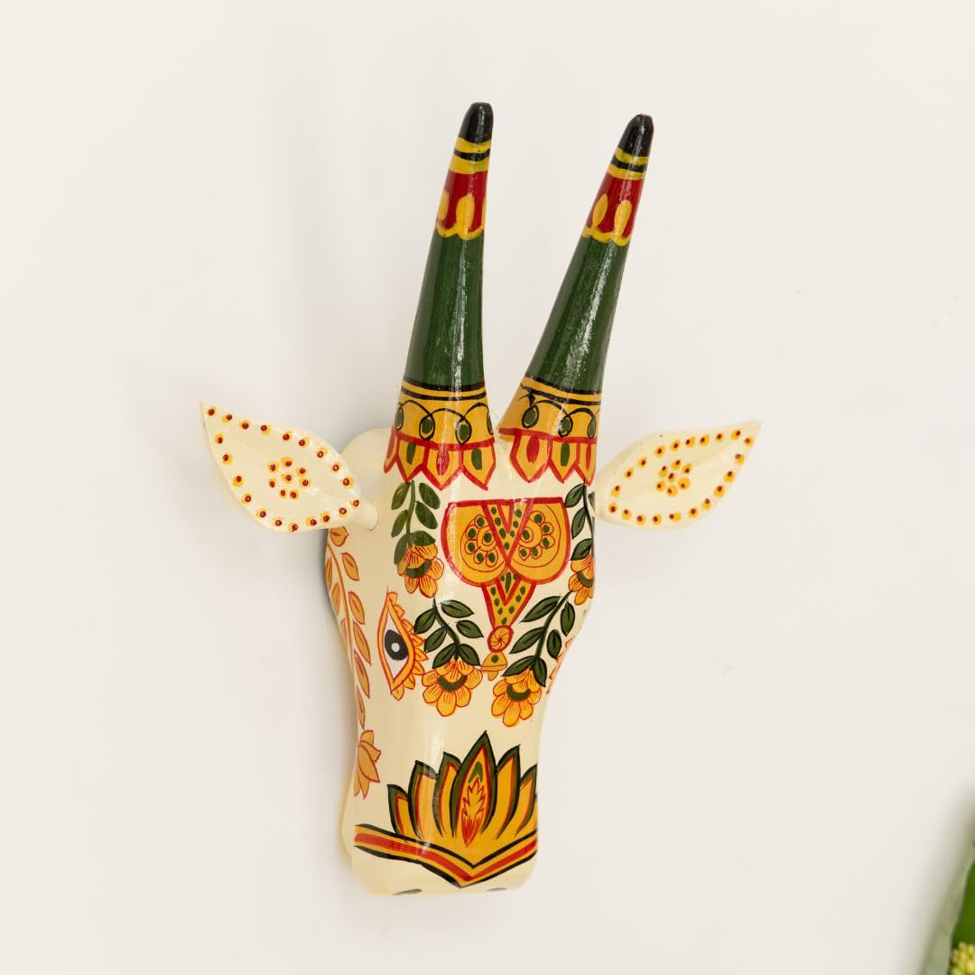 ATRANGI STUDIO Handpainted Wooden Cow Head Wall Decor – Ivory | 12 Inch Wall Hanging for Home, Temple & Puja Room-image-39