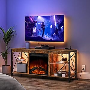 HOOBRO Fireplace TV Stand with Charging Station and LED Lights, TV Stand with Fireplace for TVs up to 65″, Entertainment Center with Fireplace, Glass Shelves, Rustic Brown and Black BF140UDDS01