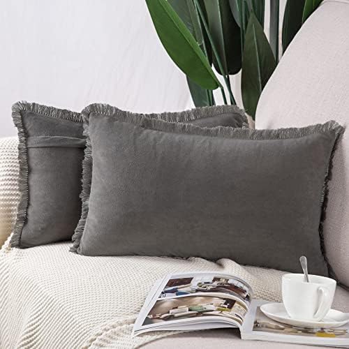 Madizz Set of 2 Suede Cushion Covers with Fringe Tassels 16x16 Inch Beige Soft Decorative Throw Pillow Cases for Sofa Bedroom Pillow Shell