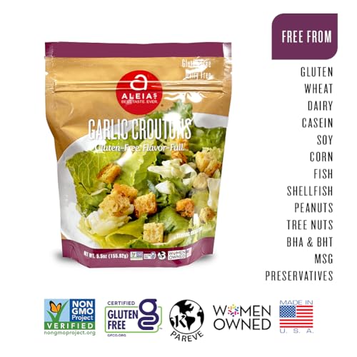 Aleia’s Gluten Free Garlic Croutons – 5.5oz (2 Pack) – Crunchy Topping for Salads & Soups – Dairy Free, Soy Free, Low Sodium, No MSG, No Preservatives