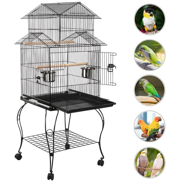 Abician Cage Oiseaux sur Pied avec Toiture Triple-A Cage sur roulettes avec Support Détachable 59 x 59 x 139,5 cm