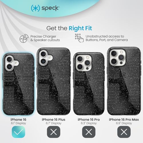 Image of Speck CandyShell Grip iPhone 16 Case - Slim MagSafe - Black Glitter /Steel Black