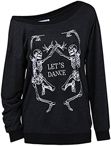 LuFeng Women's Christmas Halloween Off Shoulder Skeleton Printing Funny T-Shirt Long Sleeve Sweatshirts Pullover Tops Black
