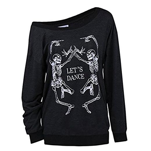 LuFeng Women's Christmas Halloween Off Shoulder Skeleton Printing Funny T-Shirt Long Sleeve Sweatshirts Pullover Tops Black