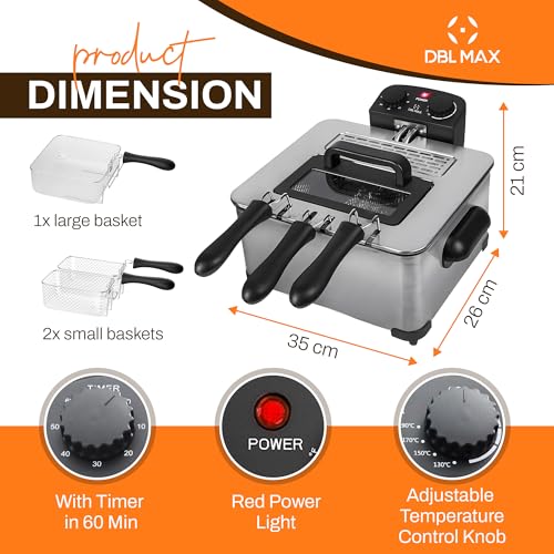 Double Basket 5L Electric Deep Fat Fryer – 2000W Stainless Steel, 3 Baskets, Adjustable Temperature, Viewing Window, Cool-Touch Handle – Ideal for Chips, Chicken, Onion Rings - Image 6