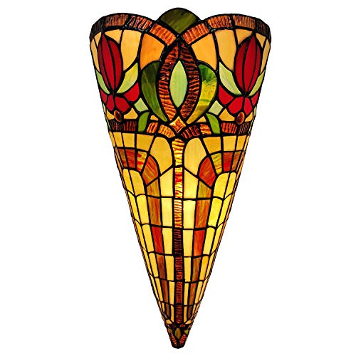 Amora Lighting Tiffany Style Wall Lamp Brown Yellow Red Flower 2 Light Stained Glass Vintage Antique for Bedroom Living Room 10" Wide 20" Tall Gift AM1079WL10B, Multicolored