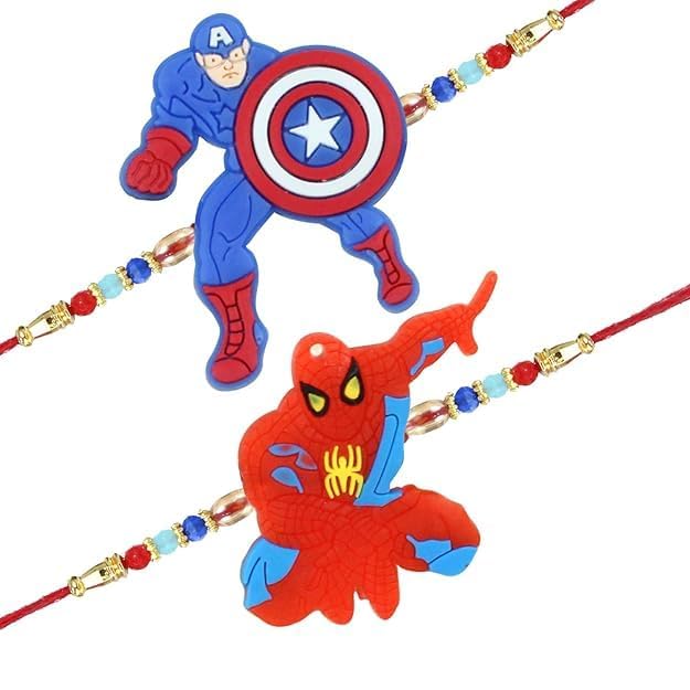 Image of Himanshu Trading Company Rakhi for Kids Boy - Set of 2 Premium Cartoon Spiderman Captain America Superhero Rakhi for Kids Boys Baby Brother With Tikka Set