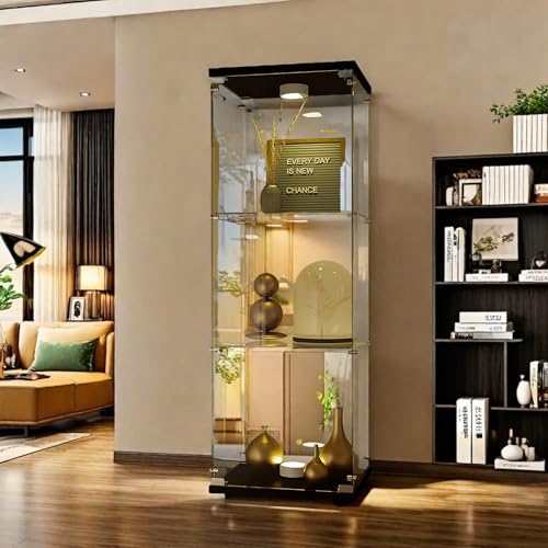 Vitrine en Verre avec LED, vitrine trempé moderne en verre 3 Couches avec 1 Porte, Vitrines de collection, Transparent vitrine sur pied pour salon, chambre à coucher,...