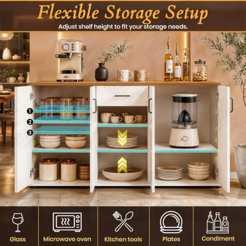 Image of ABOUT SPACE Kitchen Storage Cabinet - 6 ft Long Sideboard with 4 Doors, Drawer & Open Shelves, Adjustable Shelves, Crockery Cabinet & Kitchen Organizer Rack (CM Oak & White Marble- 190x38x91.5 cm)
