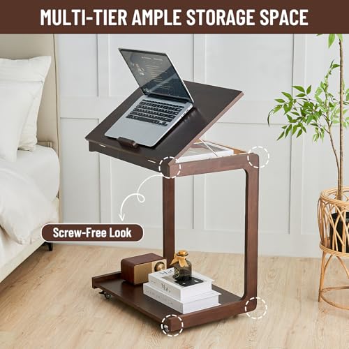 Image of Uniclinens Rolling Side Table, C Shape Couch End Table with Wheels, Mobile Wooden Sofa Tray, Movable Small Couch Desk for Bedroom Living Room, Dark Walnut