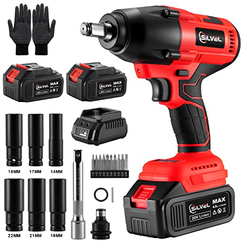 SILVEL Impact Wrench, 20V Brushless impact wrench 1/2 cordless Max Torque 420 Ft-lbs (600Nm), 2Pcs 4.0Ah Li-ion Battery, 6 Sockets, Power Impact Wrenches for Car and Home Improvement