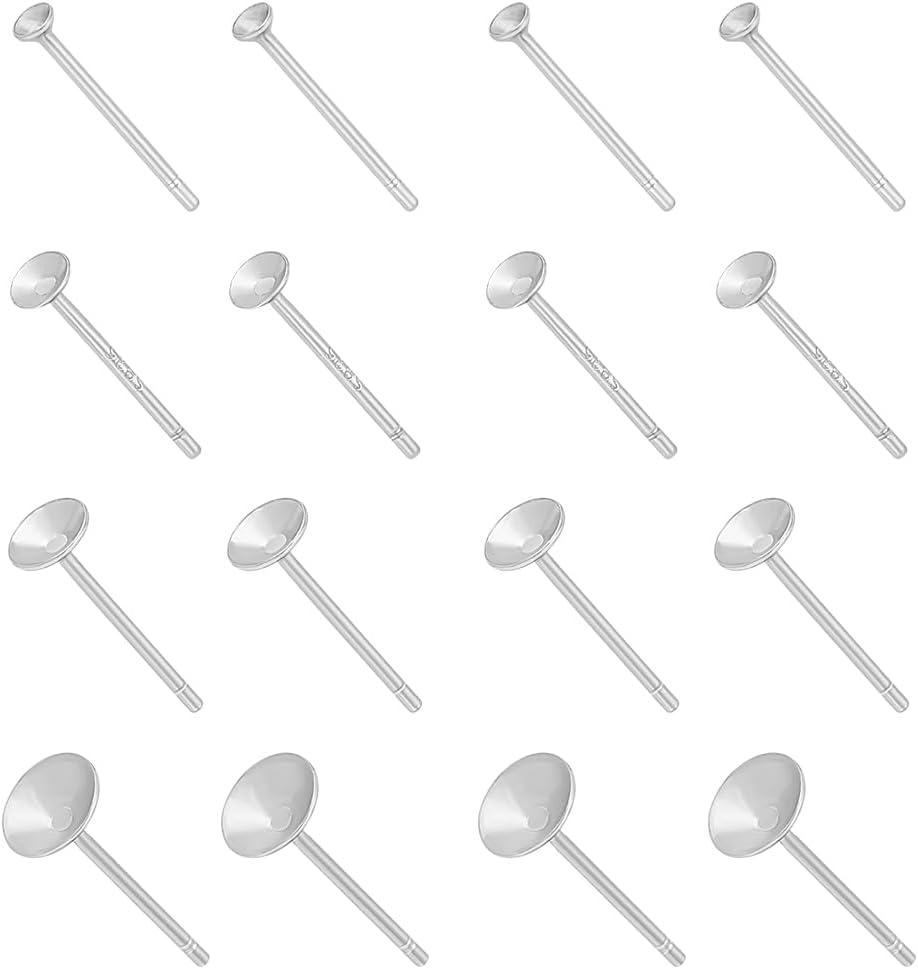 BENECREAT 8 Pairs 4 Styles 925 Sterling Silver Round Bezel Earring Post, Pearl Cup Blank Earring Pin Studs for Jewelry Making Findings, Tray: 1.8/2.8/3.5/4mm