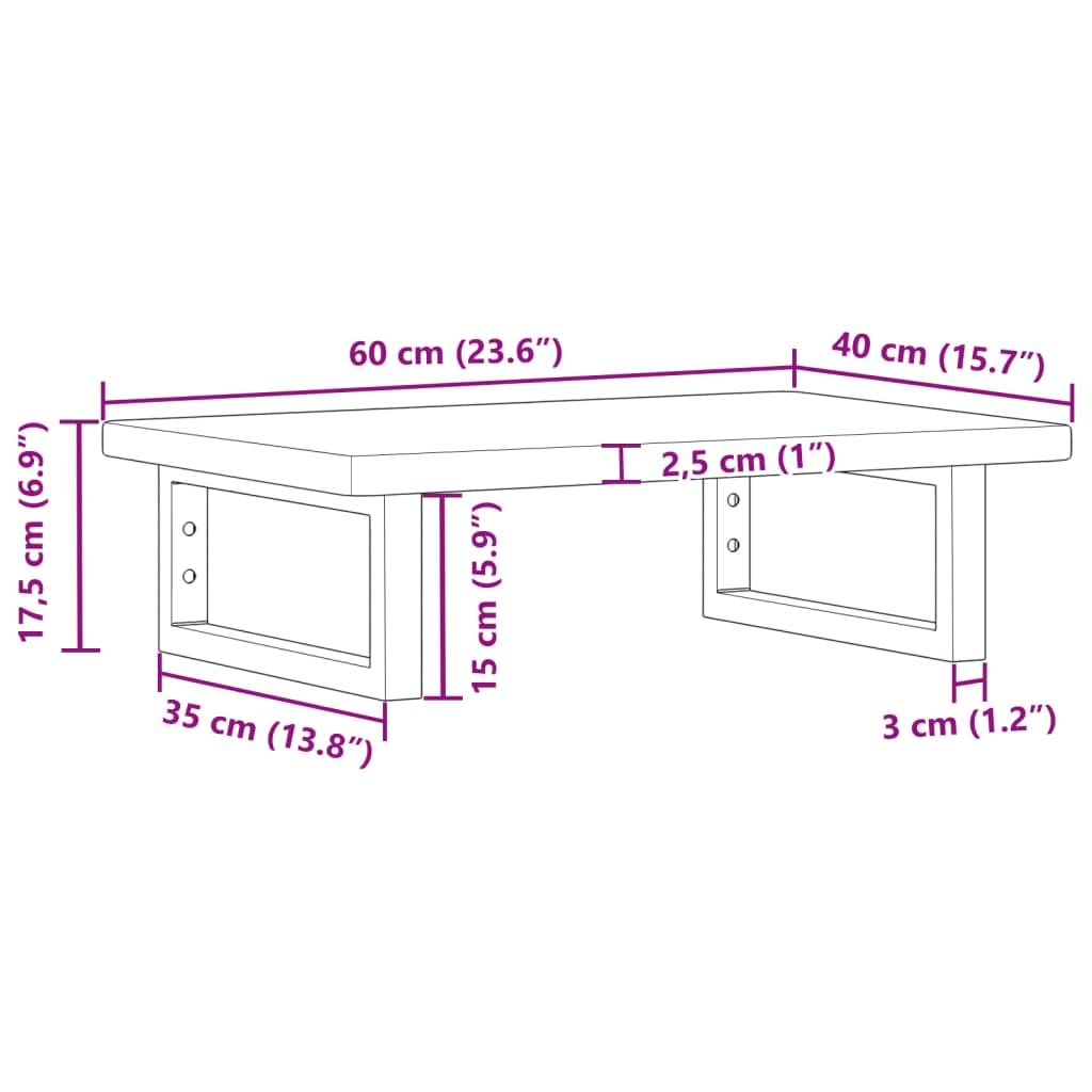 Tapa de lavabo con soporte, madera maciza de roble y acero, estantería rectangular para lavabo de pared, 60 x 40 x 2,5 cm, para baño, ahorro de espacio, 100 kg