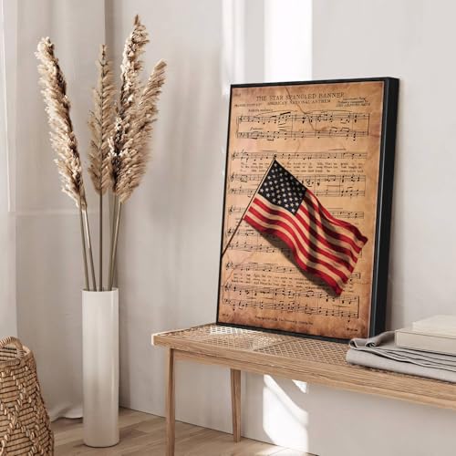 Image of American Flag Framed Canvas Wall Art, 4th of July USA National Anthem Canvas Prints, Sheet Music Patriotic Decorations, Vintage Independence Day Wall Decor for Bedroom Living Room Office 16x20