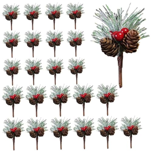 24 bastoncini di pino artificiale, piccoli rami di bacche rosse artificiali, agrifoglio, bacche natalizie, steli di pigna, ramoscelli spray per ghirlande natalizie e decorazioni natalizie, 24 pezzi