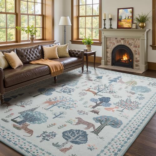 junovo 5x7 Machine-Washable, Super Soft Low Pile Jungle Animal Print Rug, Stain Resistant Kid Friendly Design for Living Room, Bedroom, playroom and Nursery, Blue.