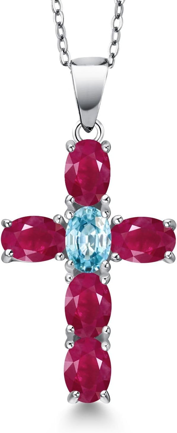 Gem Stone King 925 Sterling Silver Red Ruby and Blue Zircon Cross Pendant Necklace for Women | 3.65 Cttw | Gemstone July Birthstone | Oval 6X4MM | With 18 Inch Chain