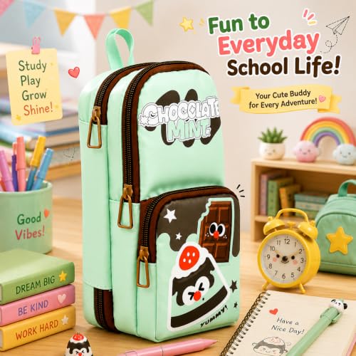Image of Alokik 3 Compartment Pencil Pouch for Kids, Cute Cartoon School Pencil Case with Multiple Zipper Compartments, Stationery Organizer Bag for Boys & Girls, Portable Pen & Pencil Storage(Chocolate Mint)