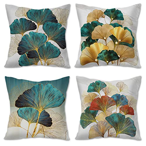 YuhooTech Housse de Coussin 45x45 cm Lot de 4 Taie d'oreiller Tropical Plantes Coton Taie Decoration Canapé Doux Coton Linge Housses de Coussin Carré pour Chambre Salon Canapé Lit Voiture Cover