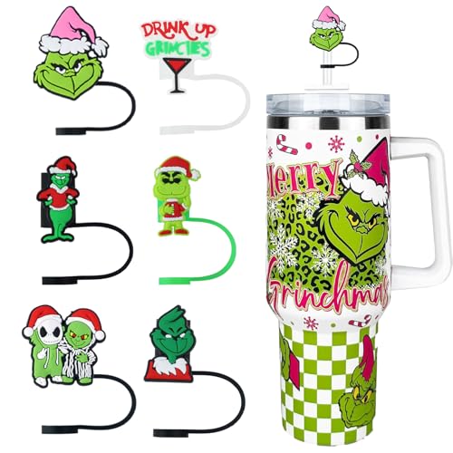 ZERCEJC 6 PCS Christmas Straw Cover Cap for Stanley CupXmas Straw Toppers Compatible with Stanley 30&40 Oz TumblerReusable Silicone Straw Tips Lids for Stanley Cup Accessories